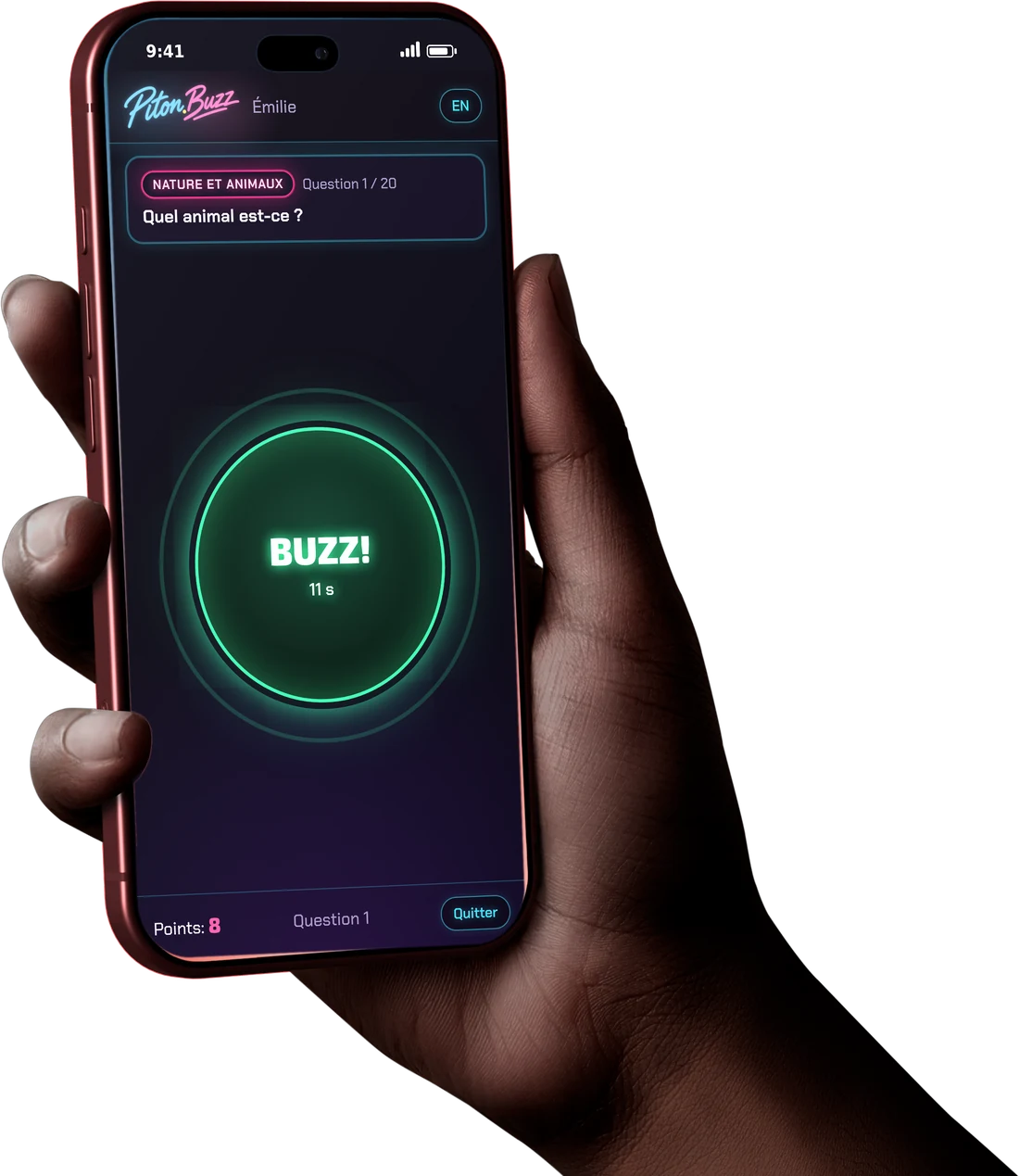 Le téléphone d'un joueur affiche le gros bouton BUZZ de Piton.Buzz.